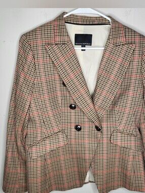 Banana Republic Houndstooth Plaid Double-Breasted Blazer Beige Black Pink Sz 10p